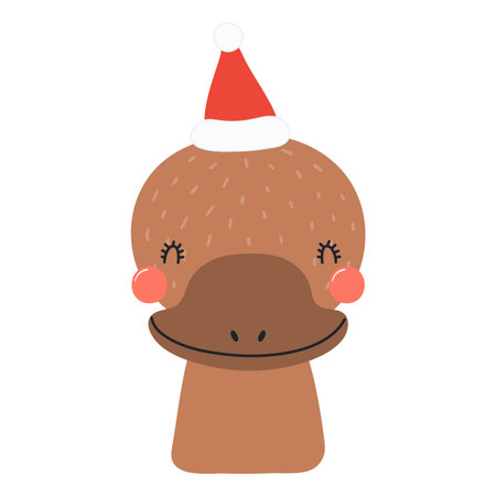 Platypus in a Santa Claus hat isolated on transparent. Hand drawn flat vector illustration. Cute cartoon character. Traditional Christmas, New Year, seasonal design element, holiday clip artのイラスト素材