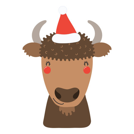 Bison in a Santa Claus hat isolated on transparent. Hand drawn flat vector illustration. Cute cartoon character. Traditional Christmas, New Year, seasonal design element, holiday clip artのイラスト素材