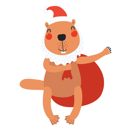 Beaver in a Santa Claus hat, carrying sack isolated on transparent. Hand drawn flat vector illustration. Cute cartoon character. Traditional Christmas, New Year design element, clip artのイラスト素材