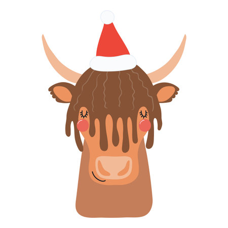 Yak in a Santa Claus hat isolated on transparent. Hand drawn flat vector illustration. Cute cartoon character. Traditional Christmas, New Year, seasonal design element, holiday clip artのイラスト素材