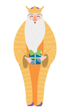 One of three kings Melchior with gift isolated on transparent background. Hand drawn flat vector illustration. Cartoon character. Epiphany Day, Christmas design element, clip artのイラスト素材