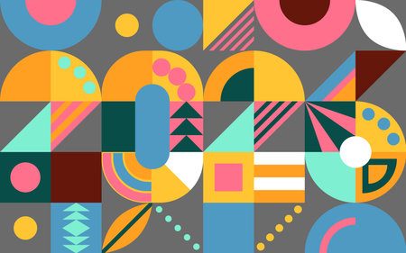 2026 New Year Bauhaus style design. Geometric colorful shapes numbers, numerals. Abstract background, pattern. Flat vector illustration. Retro holiday card, banner, poster, decor element.のイラスト素材