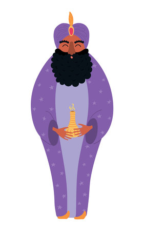 One of three kings Balthazar with gift of myrrh isolated on transparent background. Hand drawn flat vector illustration. Cartoon character. Epiphany Day, Christmas design element, clip artのイラスト素材