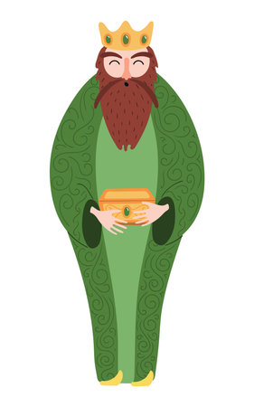 One of three kings Gaspar with gift of frankincense isolated on transparent background. Hand drawn flat vector illustration. Cartoon character. Epiphany Day, Christmas design element, clip artのイラスト素材