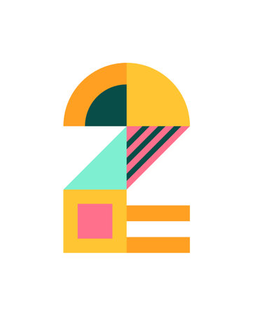 Number, numeral 2 Bauhaus style design, isolated on transparent background. Flat vector illustration with geometric colorful shapes, abstract pattern. 2026 New Year retro holiday element, clip artのイラスト素材