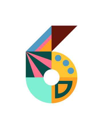 Number, numeral 6 Bauhaus style design, isolated on transparent background. Flat vector illustration with geometric colorful shapes, abstract pattern. 2026 New Year retro holiday element, clip artのイラスト素材