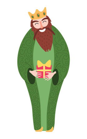 One of three kings Gaspar with gift isolated on transparent background. Hand drawn flat vector illustration. Cartoon character. Epiphany Day, Christmas design element, clip artのイラスト素材