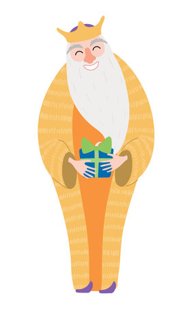 One of three kings Melchior with gift isolated on transparent background. Hand drawn flat vector illustration. Cartoon character. Epiphany Day, Christmas design element, clip artのイラスト素材
