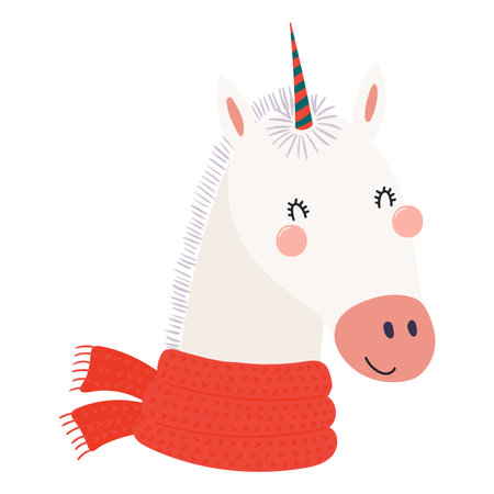 Unicorn in a red scarf Christmas isolated on transparent. Hand drawn flat vector illustration. Cute cartoon character. Traditional Christmas, New Year design element, clip artのイラスト素材