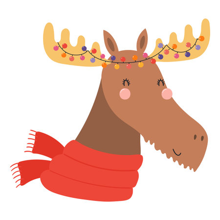 Moose, antlers with lights isolated on transparent. Hand drawn flat vector illustration. Cute cartoon character. Traditional Christmas, New Year design element, clip artのイラスト素材