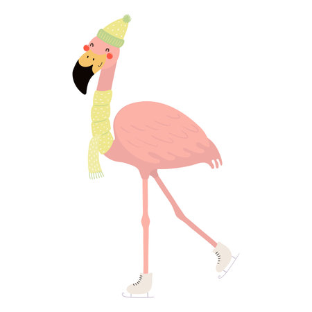 Flamingo in a hat, scarf, ice skating isolated on transparent. Hand drawn flat vector illustration. Cute cartoon character. Traditional Christmas, New Year design element, clip artのイラスト素材