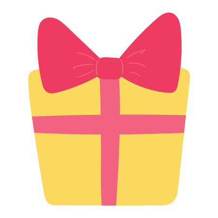 Birthday gift, present in box, wrapping paper with bow hand drawn illustration, isolated vector. Flat style design. Birthday celebration, festival, carnival, party clip art, elementのイラスト素材