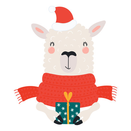 Llama with a Christmas gift isolated on transparent. Hand drawn flat vector illustration. Cute cartoon character. Traditional Christmas, New Year design element, clip artのイラスト素材