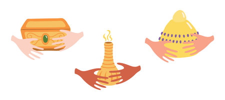 Three kings hands with gifts of frankincense, myrrh, gold isolated on transparent background. Hand drawn flat vector illustration. Epiphany, Three Kings Day, Christmas design element, holiday clip artのイラスト素材