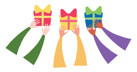 Three kings hands with gifts isolated on transparent background. Hand drawn flat vector illustration. Epiphany, Three Kings Day, Christmas design element, holiday clip artのイラスト素材