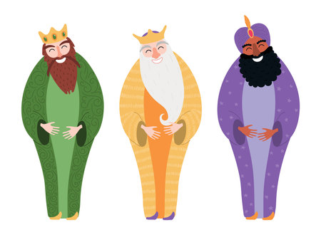 Three kings, wise men, magi with gifts, presents isolated on transparent background. Hand drawn flat vector illustration. Cartoon character. Epiphany Day, Christmas design element, clip art setのイラスト素材