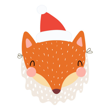 Fox in a Santa Claus hat, beard isolated on transparent. Hand drawn flat vector illustration. Cute cartoon character. Traditional Christmas, New Year design element, clip artのイラスト素材