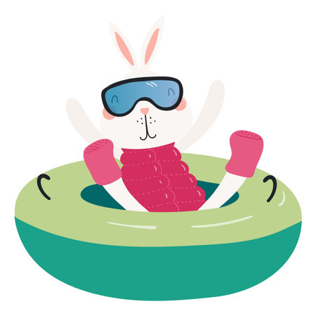 Rabbit snow tubing isolated on transparent. Hand drawn flat vector illustration. Cute cartoon character. Traditional Christmas, New Year design element, clip artのイラスト素材