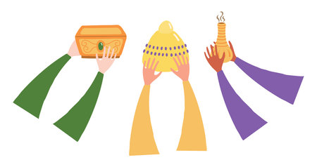 Three kings hands with gifts of frankincense, myrrh, gold isolated on transparent background. Hand drawn flat vector illustration. Epiphany, Three Kings Day, Christmas design element, holiday clip artのイラスト素材