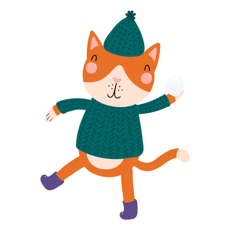 Cat in a hat, sweater, throwing snowball isolated on transparent. Hand drawn flat vector illustration. Cute cartoon character. Traditional Christmas, New Year design element, clip artのイラスト素材