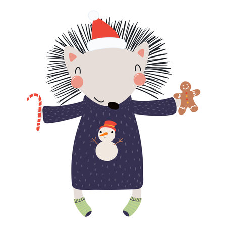 Hedgehog with sugar cane, gingerbread isolated on transparent. Hand drawn flat vector illustration. Cute cartoon character. Traditional Christmas, New Year design element, clip artのイラスト素材