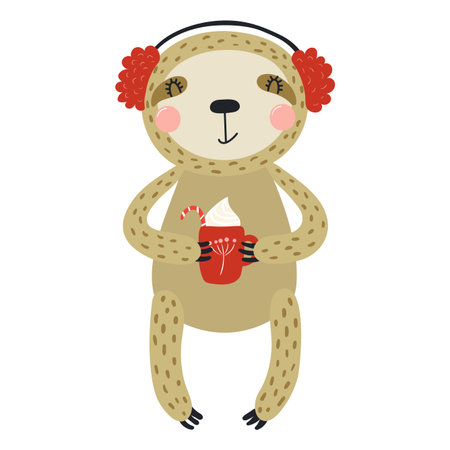 Sloth in earmuffs, with a mug isolated on transparent. Hand drawn flat vector illustration. Cute cartoon character. Traditional Christmas, New Year design element, clip artのイラスト素材