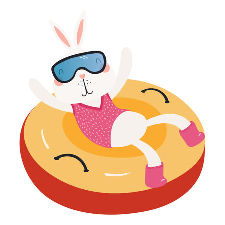 Rabbit snow tubing isolated on transparent. Hand drawn flat vector illustration. Cute cartoon character. Traditional Christmas, New Year design element, clip artのイラスト素材