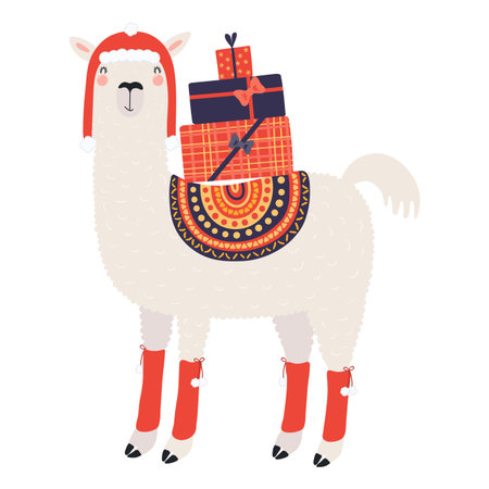 Llama carrying Christmas gifts isolated on transparent. Hand drawn flat vector illustration. Cute cartoon character. Traditional Christmas, New Year design element, clip artのイラスト素材