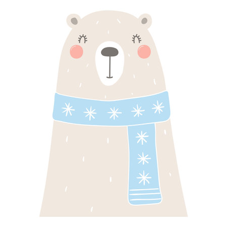 Polar bear in a blue scarf isolated on transparent. Hand drawn flat vector illustration. Cute cartoon character. Traditional Christmas, New Year design element, clip artのイラスト素材