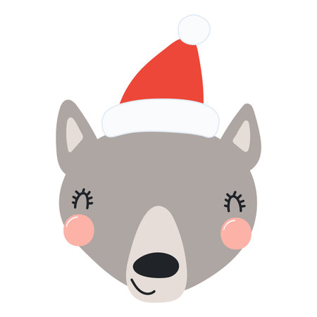 Wolf in a Santa Claus hat isolated on transparent. Hand drawn flat vector illustration. Cute cartoon character. Traditional Christmas, New Year, seasonal design element, holiday clip artのイラスト素材