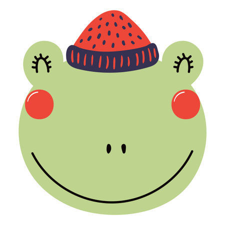 Frog in a knitted hat isolated on transparent. Hand drawn flat vector illustration. Cute cartoon character. Traditional Christmas, New Year design element, clip artのイラスト素材
