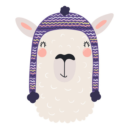 Llama in a knitted hat isolated on transparent. Hand drawn flat vector illustration. Cute cartoon character. Traditional Christmas, New Year design element, clip artのイラスト素材