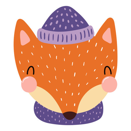 Fox in a knitted hat isolated on transparent. Hand drawn flat vector illustration. Cute cartoon character. Traditional Christmas, New Year design element, clip artのイラスト素材