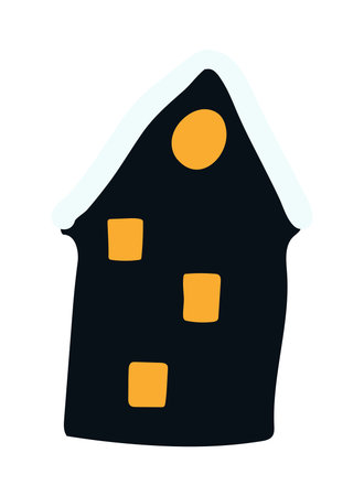 Building, house covered with snow isolated on transparent background. Hand drawn flat vector illustration. Traditional Christmas, New Year, winter, seasonal design element, holiday clip artのイラスト素材