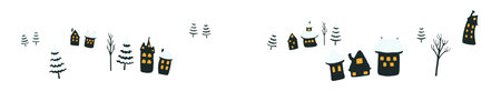 Houses covered with snow, winter trees isolated on transparent background. Hand drawn flat vector illustration. Traditional Christmas, New Year, winter, seasonal design element, holiday clip artのイラスト素材