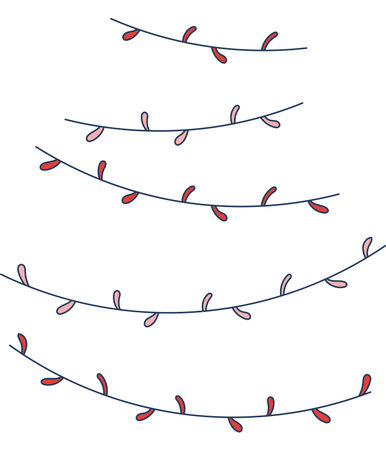 Christmas lights, glowing lamps, garland isolated on transparent. Hand drawn line art vector illustration. Traditional holiday, Xmas, New Year, seasonal design element, clip artのイラスト素材