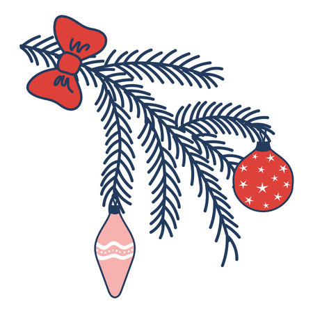 Decorated Christmas tree branch, ornaments, baubles isolated on transparent. Hand drawn line art vector illustration. Traditional holiday, Xmas, New Year, seasonal design element, clip artのイラスト素材