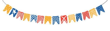 Swallowtail flags, bunting with different patterns hanging on string isolated on white background. Hand drawn flat vector illustration. Kids nautical print, design element, clip art, horizontal borderのイラスト素材