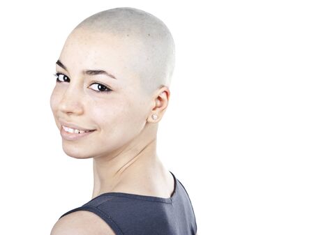 Portrait of bold woman on a white backgroundの写真素材