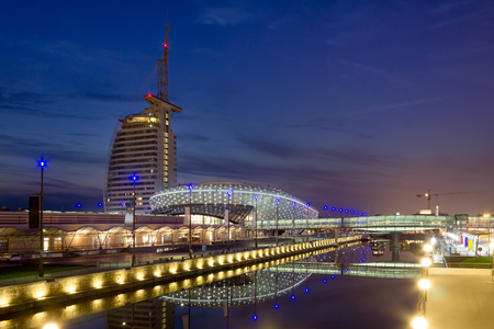 Havenwelten in Bremerhaven at Night During Blue Hourの写真素材