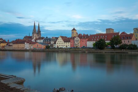 View from Danube on Regensburg's Skyline during Blue Hourの写真素材