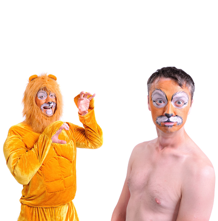 Collage of two pictures isolated: close-up portrait of smiling and fooling around animator in various theater roles. Emotional and colorfulの写真素材