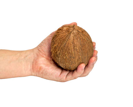 Coconut close-up in my hand isolated on white background. の写真素材