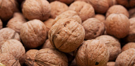 Brown raw walnuts textured background の写真素材