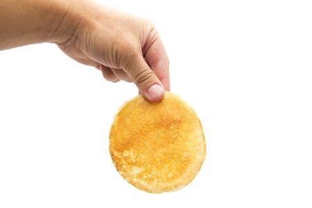 delicious sweet pancake in handの写真素材