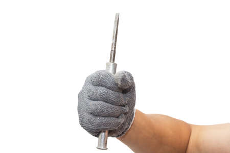 screwdriver in the man's hands on a white backgroundの写真素材