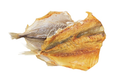 dried yellow stripe trevally fish isolated on white backgroundの写真素材