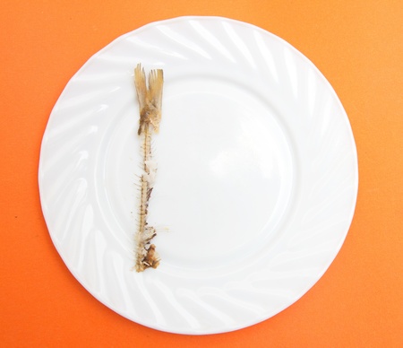 skeleton of fried fish on a plate on the orange backgroundの写真素材