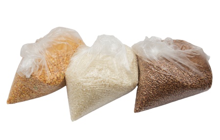 buckwheat, rice and peas in a plastic bagの写真素材