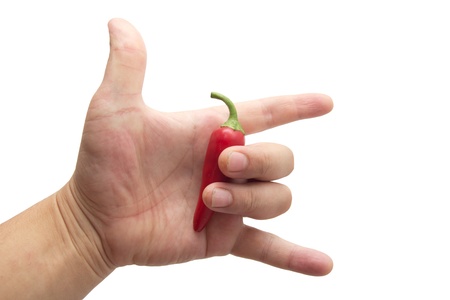 red chili peppers in hand on white backgroundの写真素材